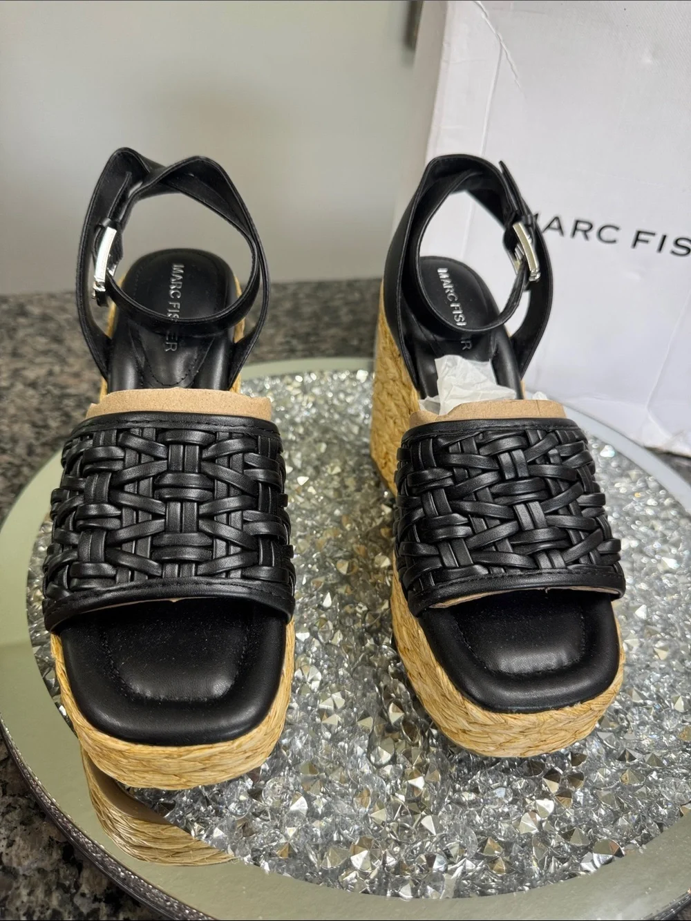 Marc Fisher Godina Black Woven Espadrille Wedge Sandals NEW 7.5